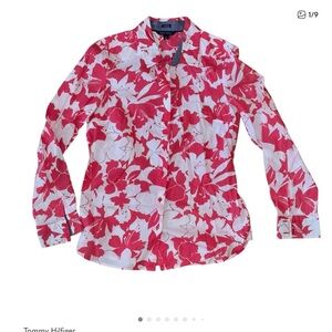 Tommy Hilfiger Red and White Floral Shirt size medium #4